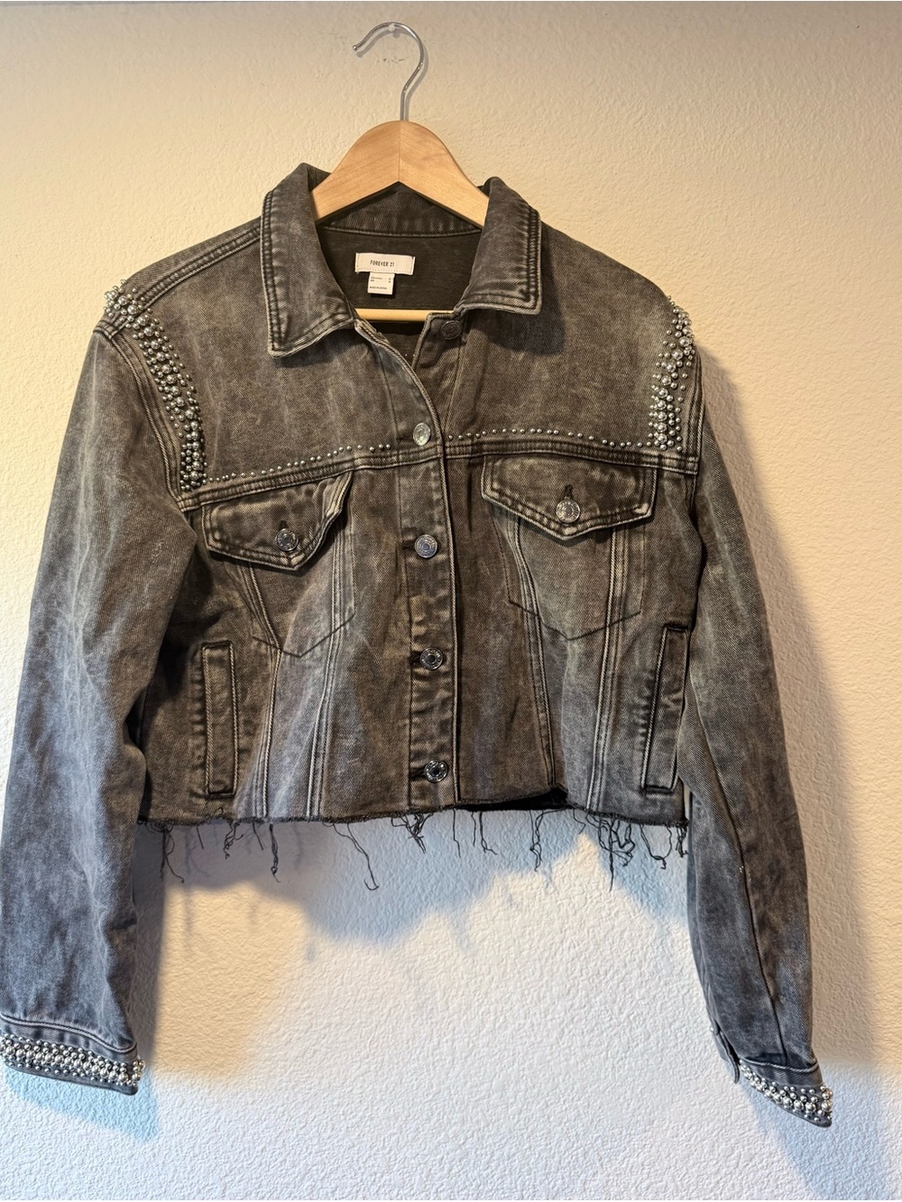 FOREVER 21 Black Washed Denim Jacket with Silver Studs - Picture 2 of 5